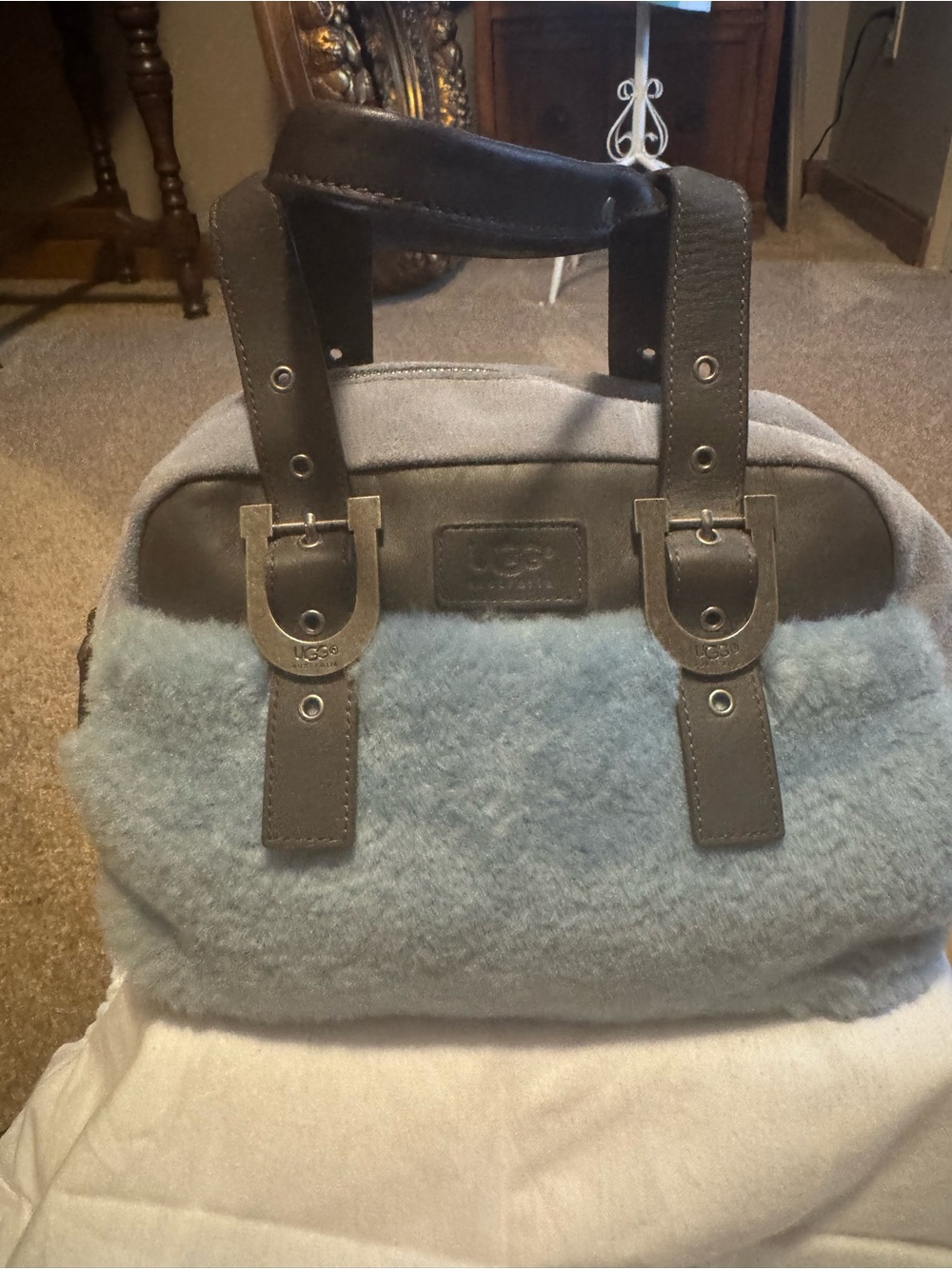 UGG Women's Blue Shearling Satchel with Brown Leather Trim